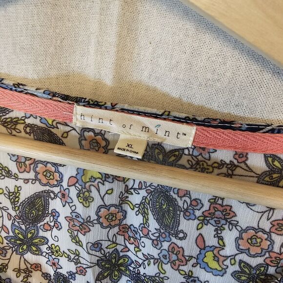 Hint of Mint Cream Blue Orange Floral Print Bell Sleeve Sheer Lace Insets XL - Picture 3 of 9